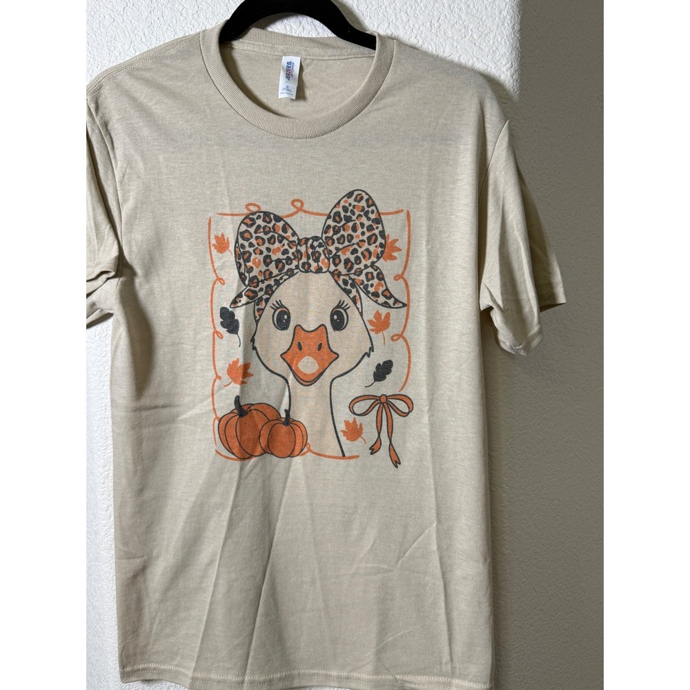 Jerzees Womens S Tan Fall Goose Leopard Bow Pumpkin Graphic T-Shirt Fall